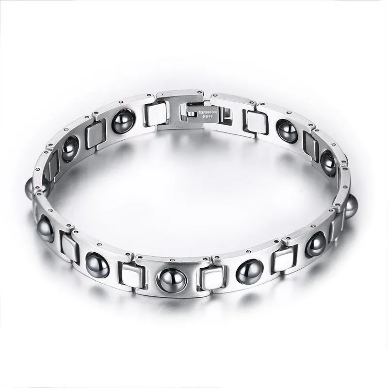 Mens Energy Silver Rostfritt Stål Silver Hematite Magnetisk Terapi Power Armband Hälsa Armband Magnetiska Armband Bästa Mens