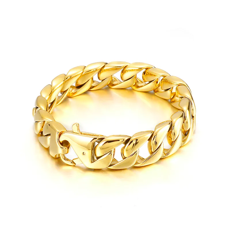 78g weight 15mm 8.66 inch Gold Stainless Steel Curb Chain Bracelet Bangle Cuban Jewelry for Women Mens Gifts