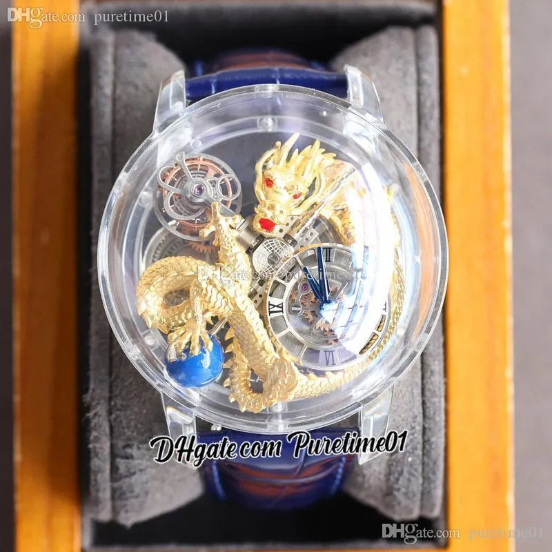 Astronomia Tourbillon 18K Желтый Золотой Дракон Швейцарский Кварцевые Мужские Часы Pave Pive Уникальный Полностью прозрачный Стекло 3D Гравировка Синяя Кожа Super Edition PureTime01 3