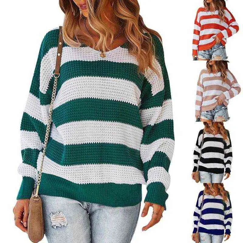 Women Spring Fall Patchwork Striped Knitted Sweater Jumper Pullovers Top O-Neck Full Sleeve Loose All Match S-XL Y1110