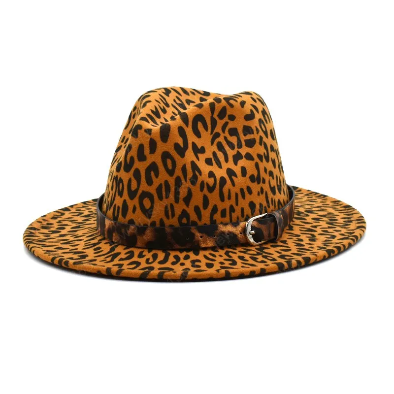 موضة جديدة فيدوراس قبعة المرأة ليوبارد طباعة واسعة بريم الجاز القبعات الصوف الرجال خمر رجل جاز أنيق