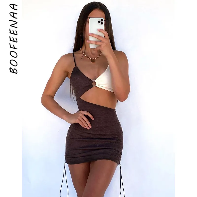 BOOFEENAA Drawstring Cut Out Strap Mini Bodycon Dress Summer Sexy Club Wear for Women Outfits 2021 Festival Clothing C85-BF15 X0521