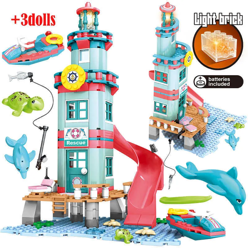 City Girl Beach Hut Friends Building Blocks Parc aquatique Rotation Boîte Water Beach Slide Figures Briques Jouets pour enfants Filles X0902