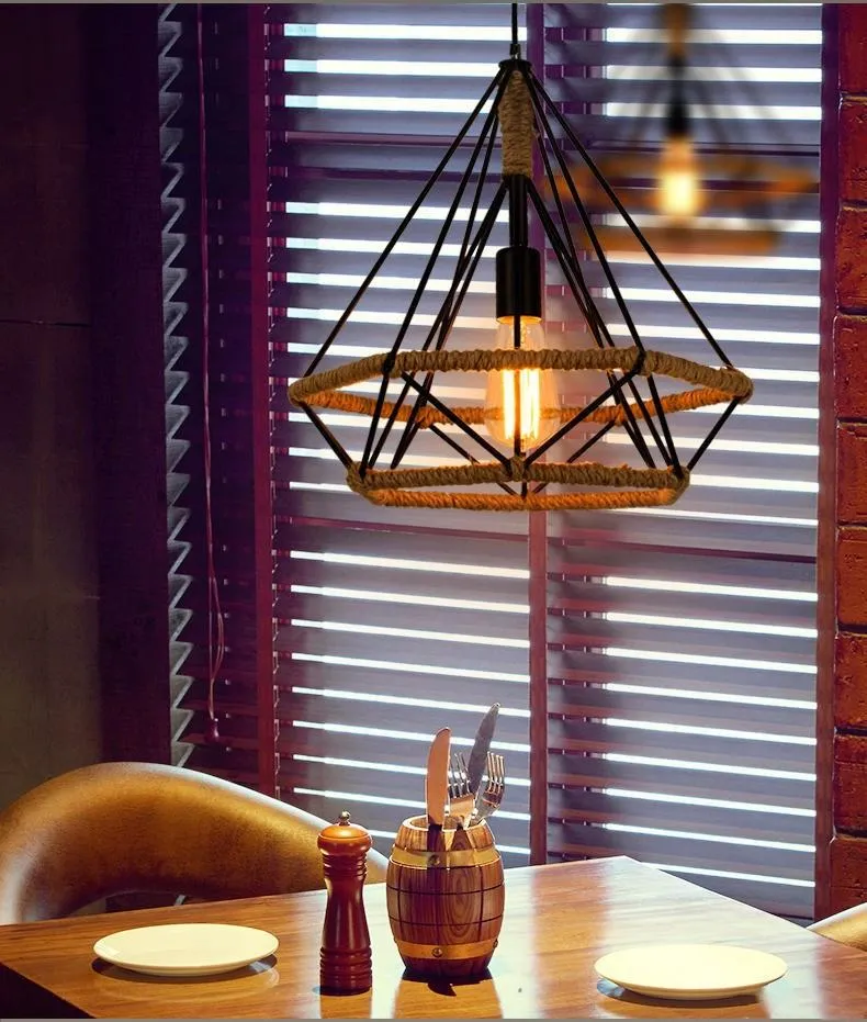 Lamp Covers Shades Touw Lampen Retro Industrial Style Simple Personality Diamond Bar Iron Restaurant Kroonluchter