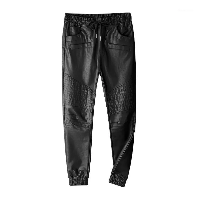 Pantalones de motociclista rasgados de estilo francés de alta calidad para hombre, pantalones ajustados de motociclista de cuero negro ajustado acanalado, talla de lápiz S-5XL para hombre