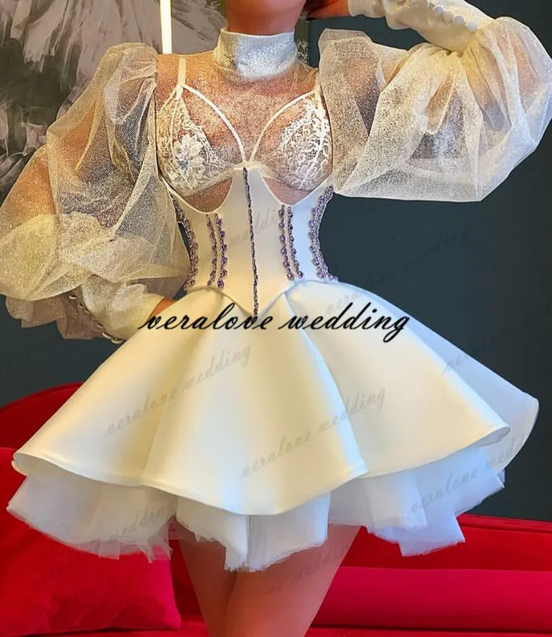 Vestido de graduación corto árabe de Dubái blanco, manga larga, cuello alto, encaje, vestidos de fiesta de cóctel, minivestido de noche, bata de noche, boda