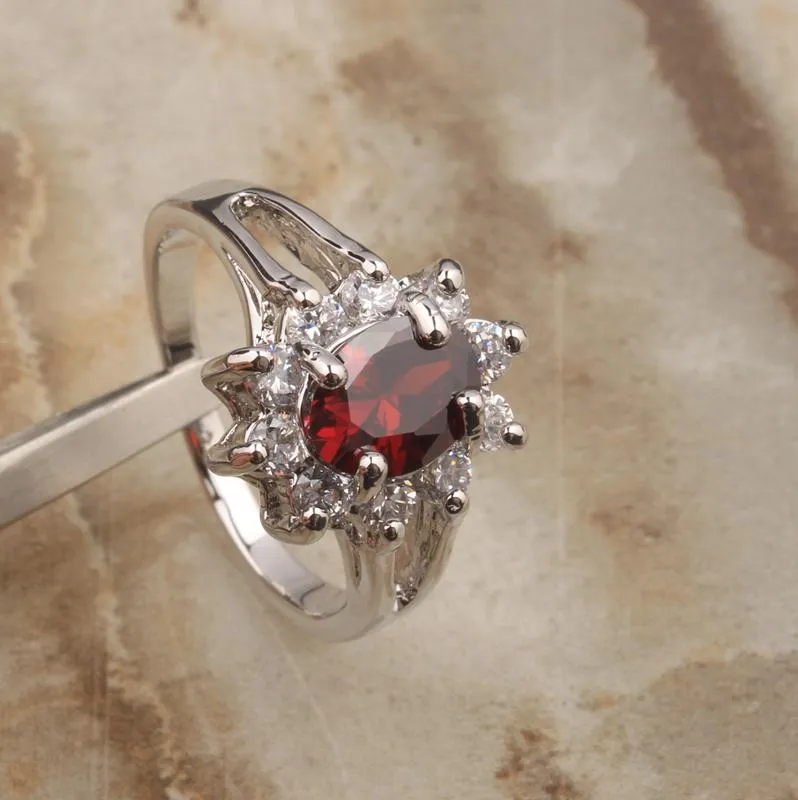 結婚指輪珍しいoxblood赤ガーネットシルバーメッキの宝石類のジュエリーUS＃リングサイズ6/7 8 9 S0950