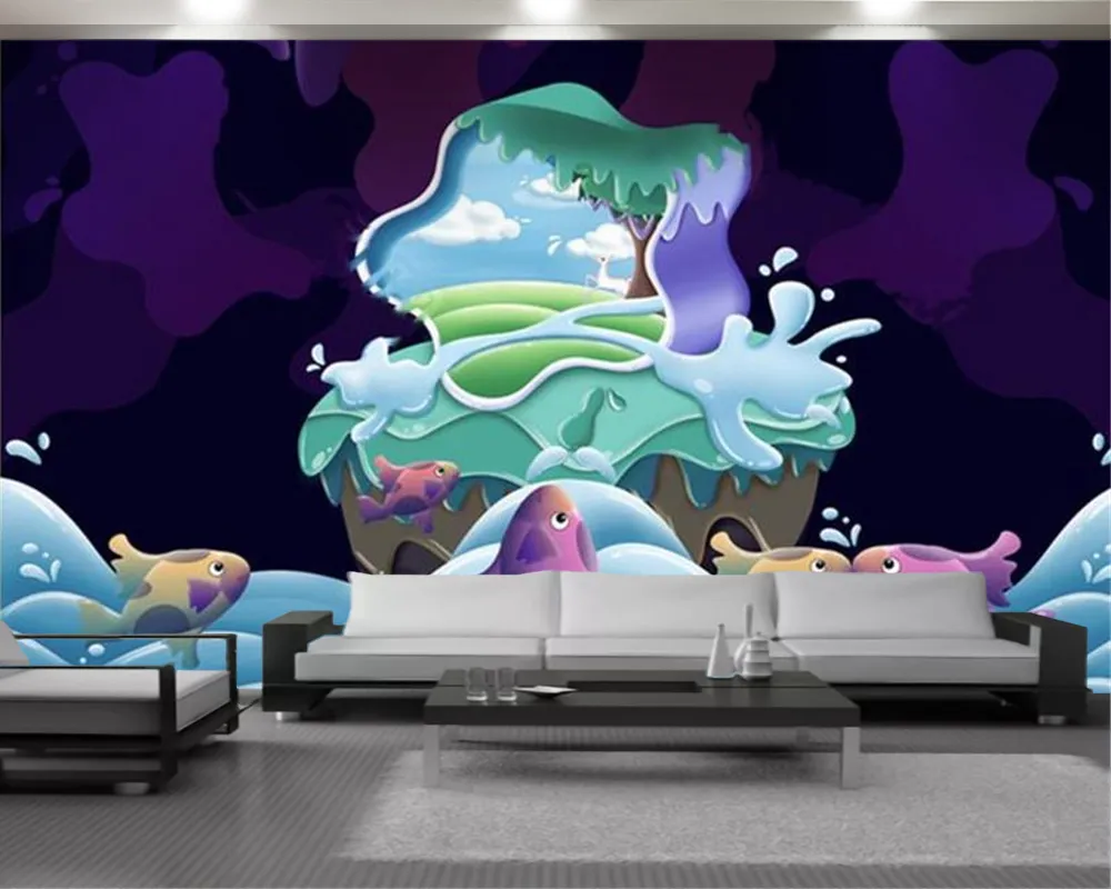 Dessin animé peint poisson 3d papier peint Mural décor à la maison 3d papier peint salon chambre revêtement mural HD 3d Animal papier peint