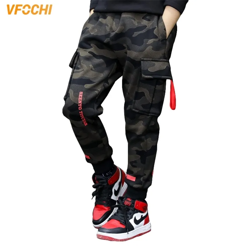 VFOCHI Neue 4-14T Jungen Hosen Herbst Winter Dicke Camouflage Kinder Hosen Teenager Junge Warme Kleidung Elastische Taille junge Cargo Hosen 210306