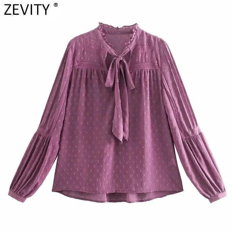 Zevity femmes mode nœud volants en mousseline de soie Kimono chemise bureau dame dentelle Patchwork Blouse décontractée Roupas Chic hauts LS7603 210603