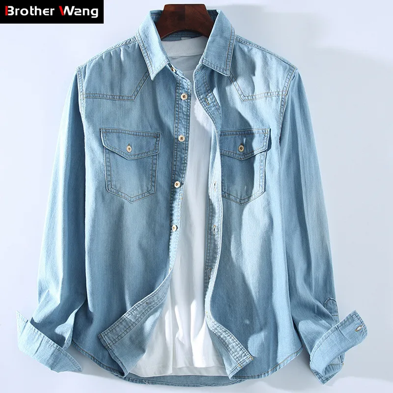 Men's T-Shirts 4 Colors Casual Denim Fashion Cotton Cowboy Long-sleeved Jeans Male Brand Clothes Black Sky Blue 9WIY