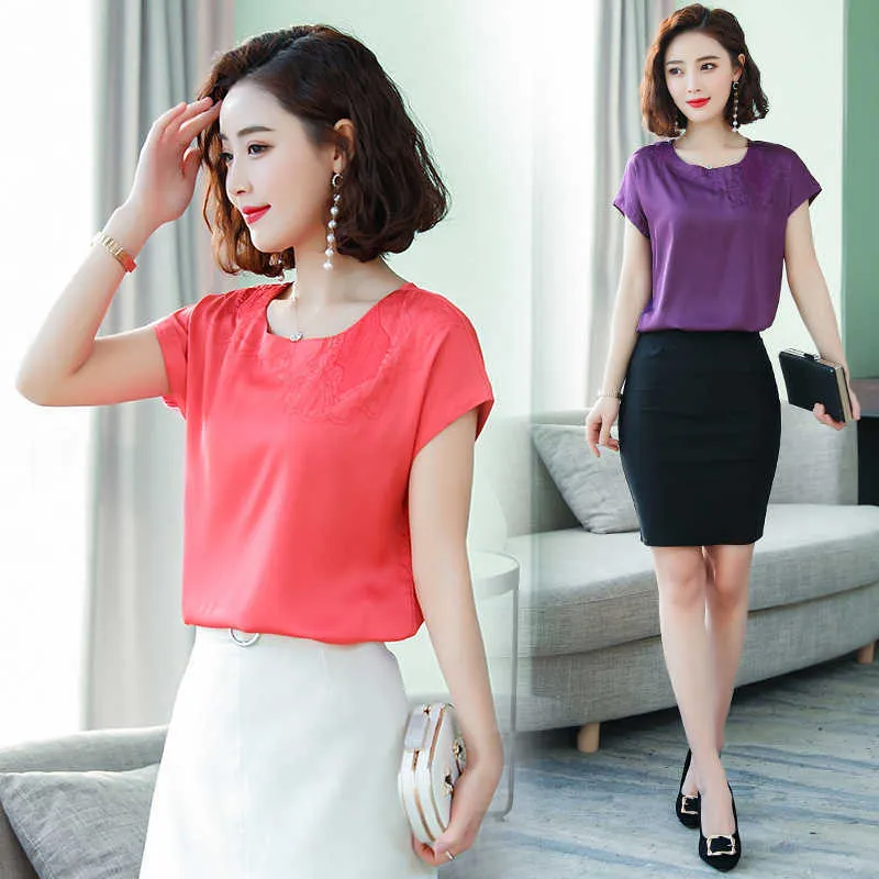 Été mode coréenne soie femmes Blouses solides à manches courtes chemises de grande taille XXXL Blusas Femininas Elegante dames hauts 210531