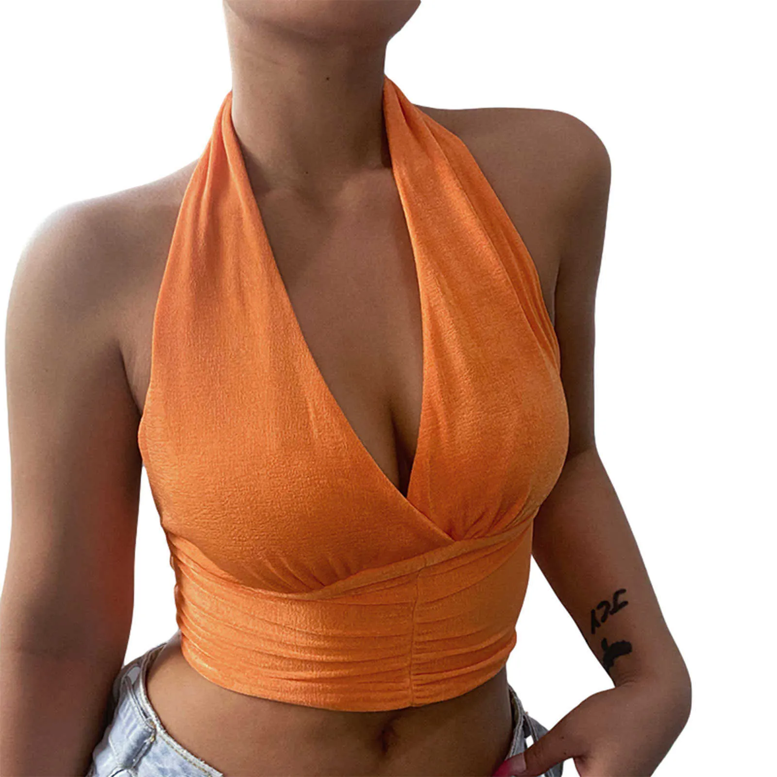 Sommar Kvinnor Trendig Närmätande Sexig Vest Orange Solid Färg Deep V-Neck Ärmlös Backless Folds Crop Tops S / M / L Y0824