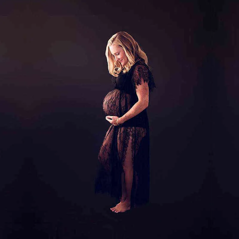 2021 Ny moderskapsspetsklänning Maternity Photography Props kläder för gravida kvinnor maxi fancy fotografering fotor graviditet klänning G220309