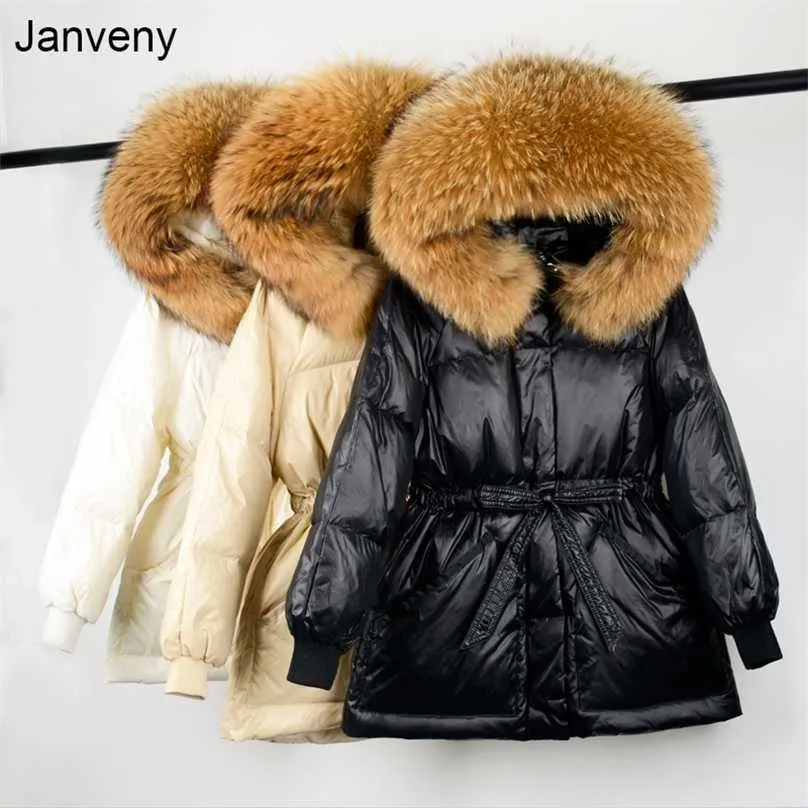 Janveny inverno parkas femininos 90% branco pato para baixo jaqueta grande grande guaxinim gola de pele com capuz casaco de penas quente de mulheres outwear 211013