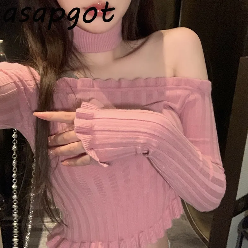 Asapgot Sexy Halter Manga larga Slash Cuello Punto Mujer Camisetas Otoño Nuevo Slim Short Pink Crop Tops Gris Ropa Moda 210306
