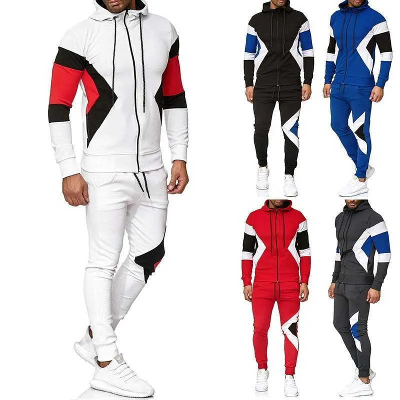 Erkek Eşofman 2 Parça Set Erkek Spor Gym Giyim Erkek Spor Suit Eğitim Giyim Moda Fermuar Hoody Erkek Joggers Setleri 210528