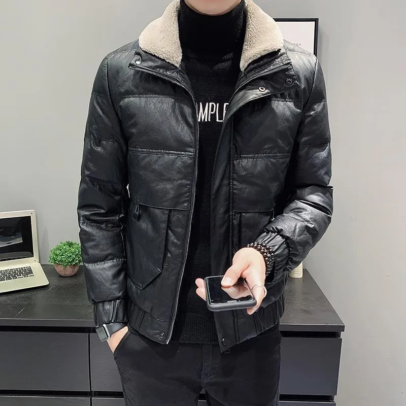 クリアランス卸売 メンズダウンパーカー21冬ファッションジャケットレザーパーカー暖かいコートメンズ厚手スタンドカラーホワイトアヒルアウターウェアe276 セール 時期 Rec Connectors Com