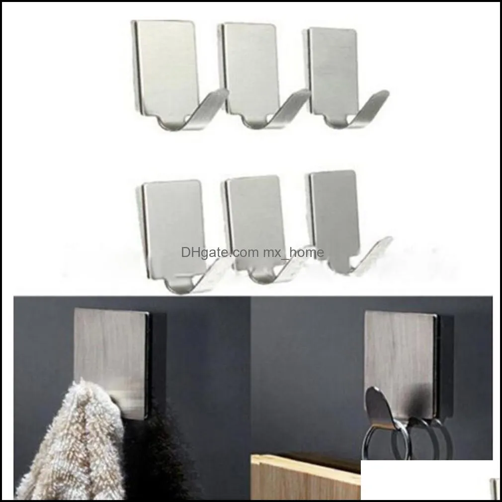 Wholesale- 6Pc/Lot Stainless Steel Family Robe Hanging Hooks Hats Bag Key Adhesive Wall Hanger Bathroom Kitchen Accessories1