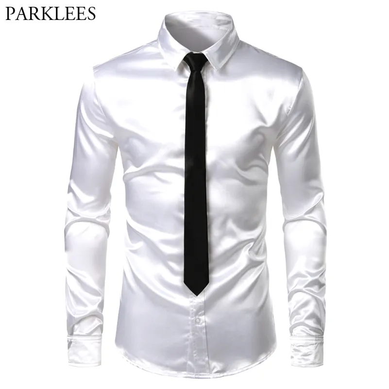 Homens 2 peças (camisa + gravata) Branco Silk Satin Vestido Camisas Slim Fit Botão de Manga Longa Para Down Camisa Festa de Casamento Masculino Festa de Casamento Prom Chemise 210714