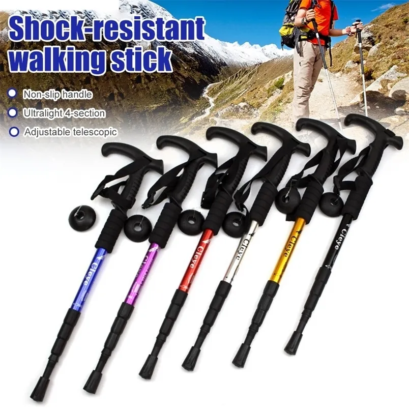 Anti Shock Trekking Pole Ultralight Walking Sticks Justerbara vandringskanaler Teleskopisk krycka 4 Sektion Camping Tools 220301