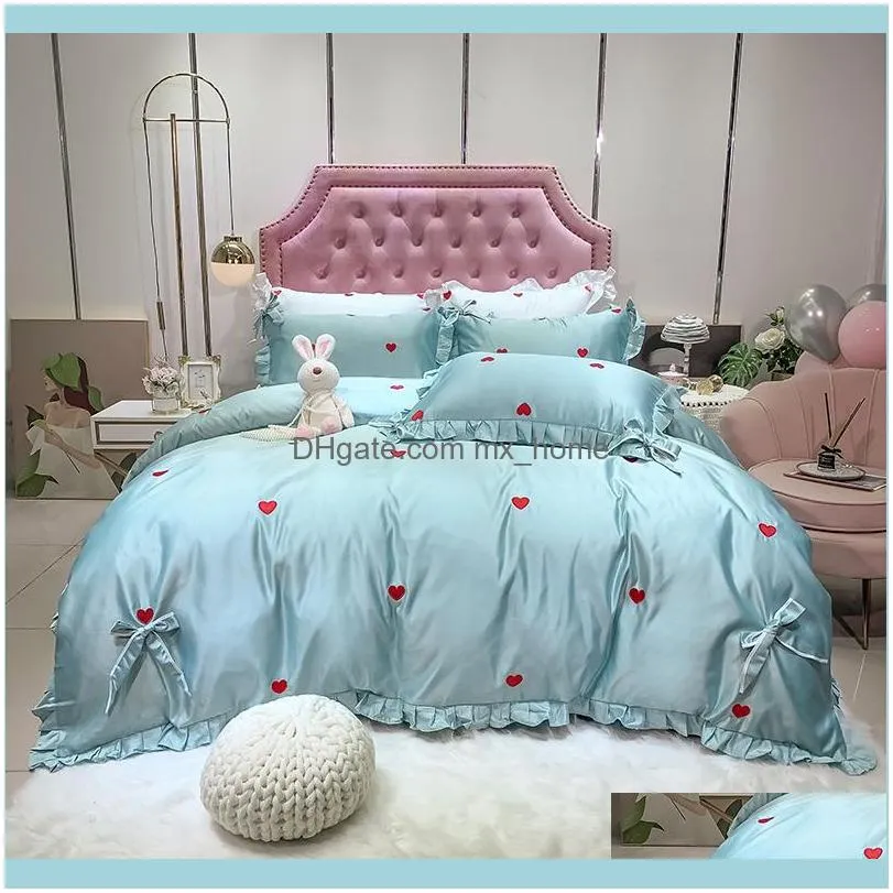 Bedding Sets Luxury Silk Cotton Love Embroidery Princess Set Ruffle Bow Duvet Cover Bed Fitted Sheet Pillowcases Home Textiles