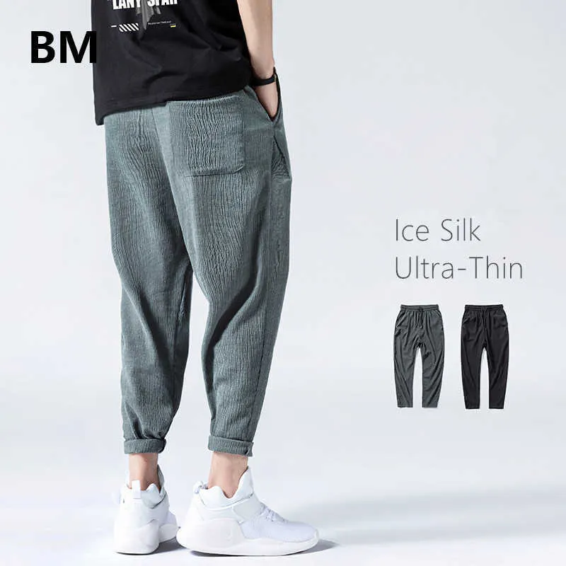 Lato Cienki Ice Silk Casual Spodnie Męskie Moda Hip Hop Luźne Plus Rozmiar Szybkie Suszenie Spodnie Męskie Odzież Harajuku Harem Spodnie Mężczyzna 210930