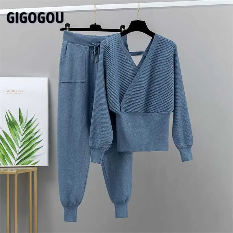 GIGOGOU Bling 2 Piece Sweater Tracksuits Women Harrem Pants + Double V Neck Pullover Set Autumn Winter Knitted Clothing 211105