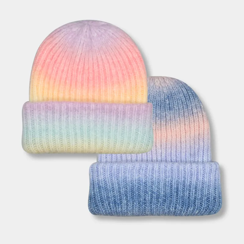 Шляпы Beanie для женщин зимняя шляпа 2021 галстук-краситель градиентный цвет Сохраняйте теплые дамы на открытом воздухе гибкая толстая зимняя шляпа