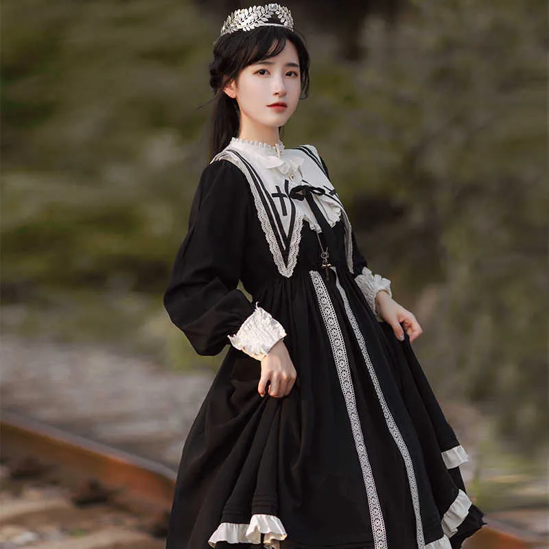Giapponese Vintage Lolita Dress Ruffles Designer Donna Manica lunga Maxi Autunno Coreano Lady Wedding Party Goth 210604