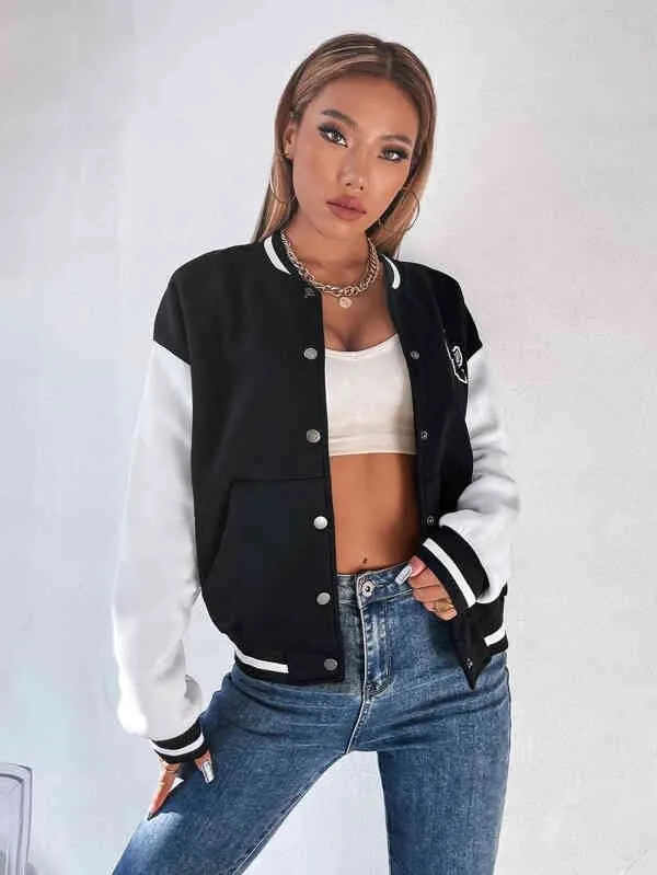 Save Big on Bulk Womens Baseball Bomber Jacket Letter Patched Color Block  Drop Shoulder Bomber Jacket Baseball Jacket Women's Loose Coat Sportswear 