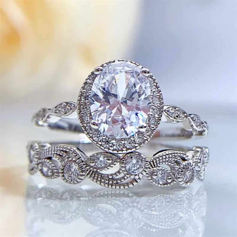 Taille 5-10 Bijoux de luxe Anneaux de mariage 925 Sterling Silver Oval Cut Blanc Topaze Or Rose CZ Diamant À La Main Eternity Party Femmes Bague De Mariée Ensemble Pour Amant Cadeau