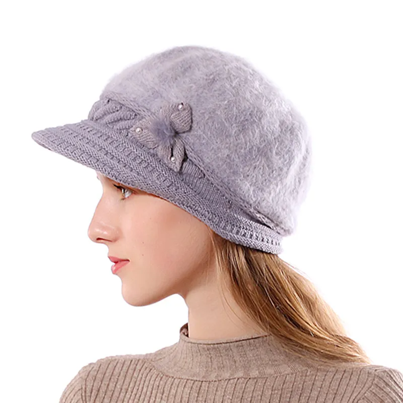 Mode femmes chapeau femme hiver chapeau Floral perle lapin fourrure tricoté chapeaux pour femme garder au chaud hiver visière Beanie Hat76415063940844226u