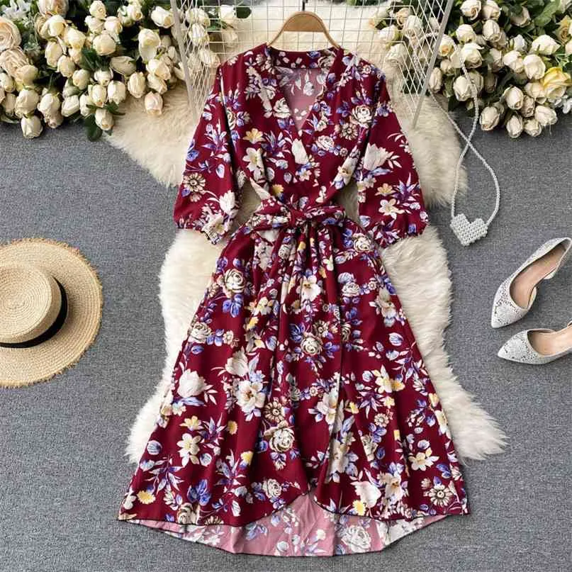 Kobiety Fashion Seaside Holiday A-Line Dress V-Neck Z Długim Rękawem Lace Up Waist Slim Floral Print Casual Vestidos R158 210527