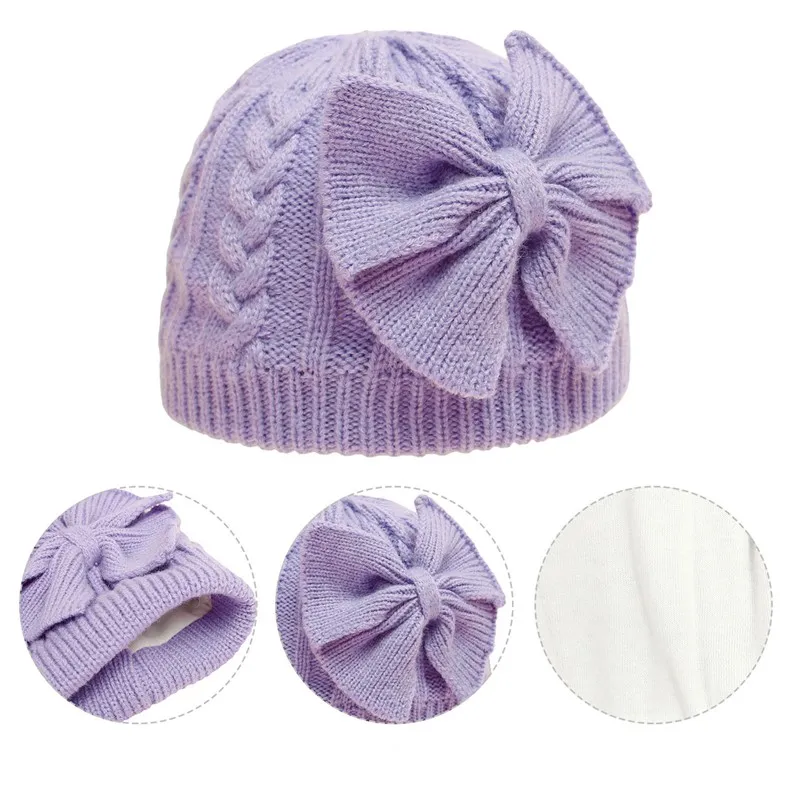 Bonnet d'hiver chaud en coton pour bébé fille, bonnet tricoté uni, chapeaux avec nœud pour nouveau-né