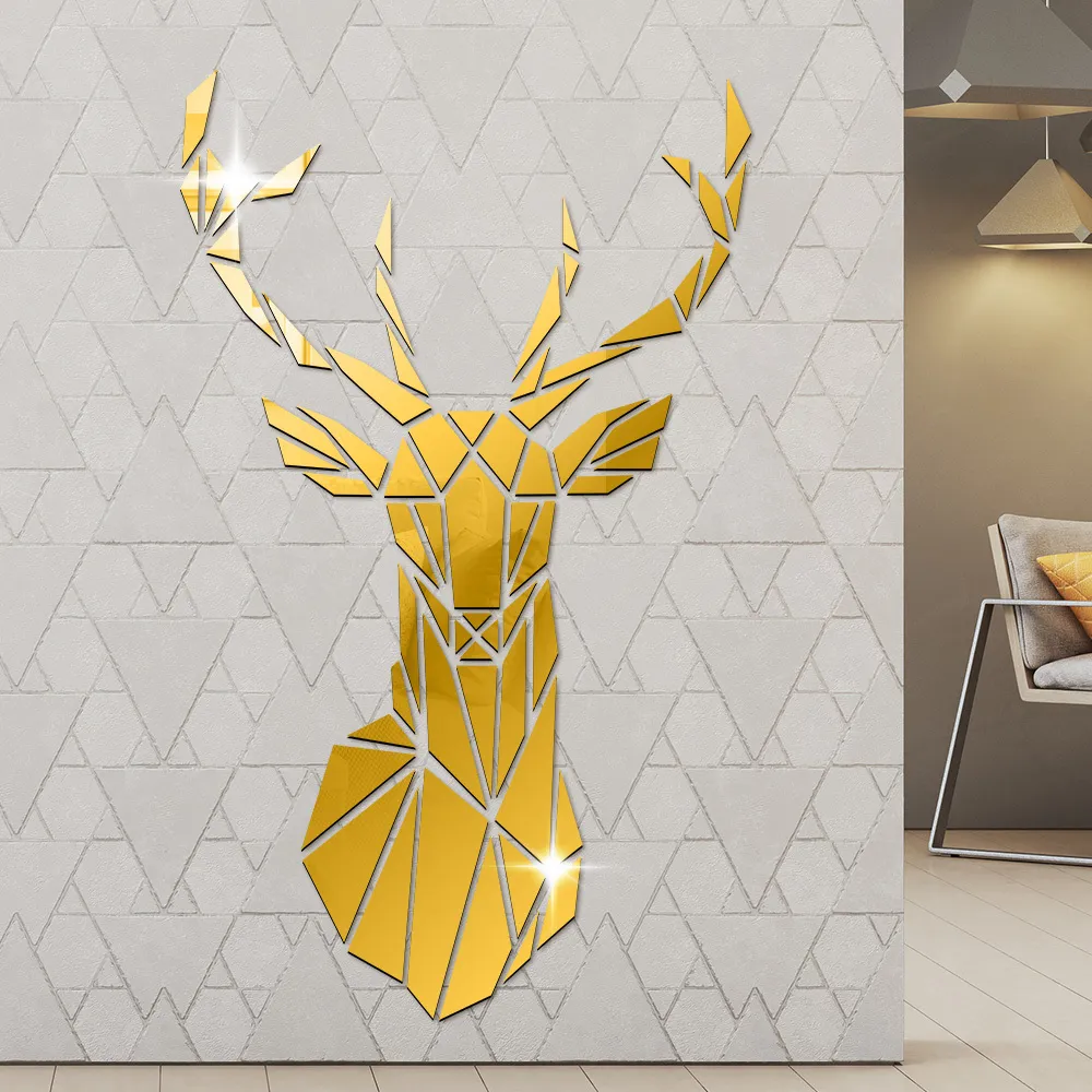 Geometric Deer Head Acrylic Mirror Stickers Hunting Modern Home Decor Antler Deer Head Wall Art Stickers Decal Deer Hunters Gift 210310