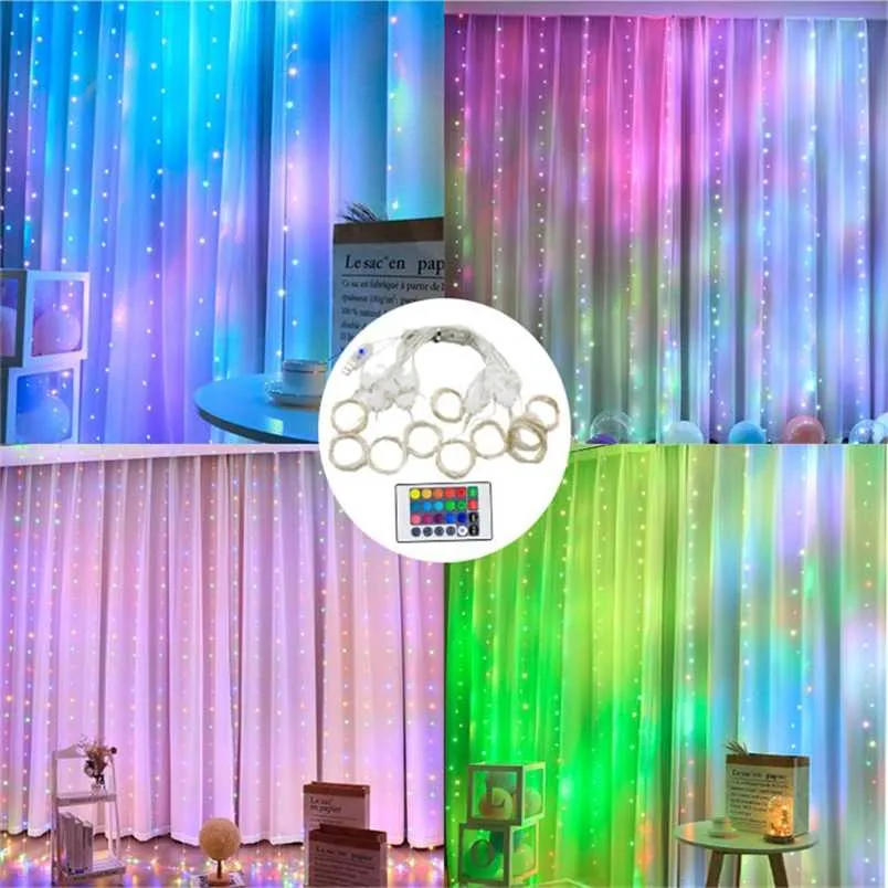 USB Power LED Remote Curtain Fairy Lights String 16 Färger RGB Garland År 2022 Bröllopsfest jul Heminredning 211104