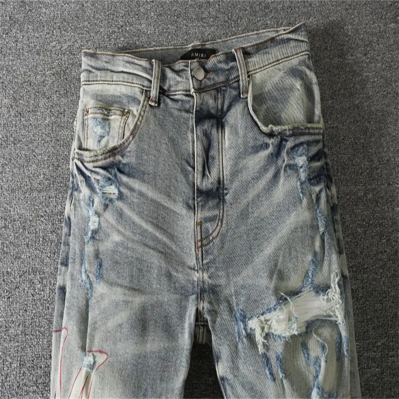 Jeans mens broken holes wool leather collage, European and American street style trend