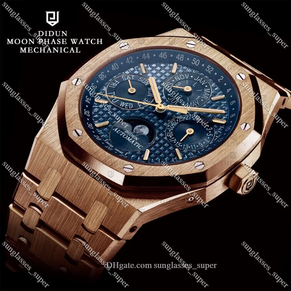 Orologi da uomo DIDUN Top Automatic Gear S3 Orologio in oro Orologio da polso impermeabile con fasi lunari Bracciale in acciaio inossidabile224l