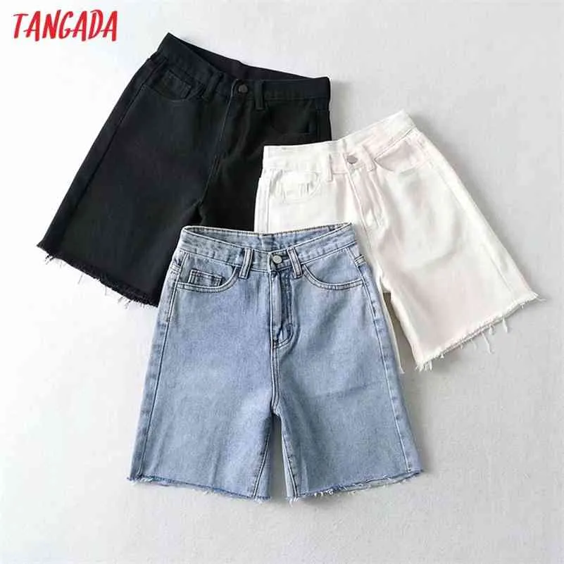 Tangada Women High Waist Solid White Denim Shorts Zipper Pockets Female Retro Basic Casual Shorts Pantalones 2QI1 210625