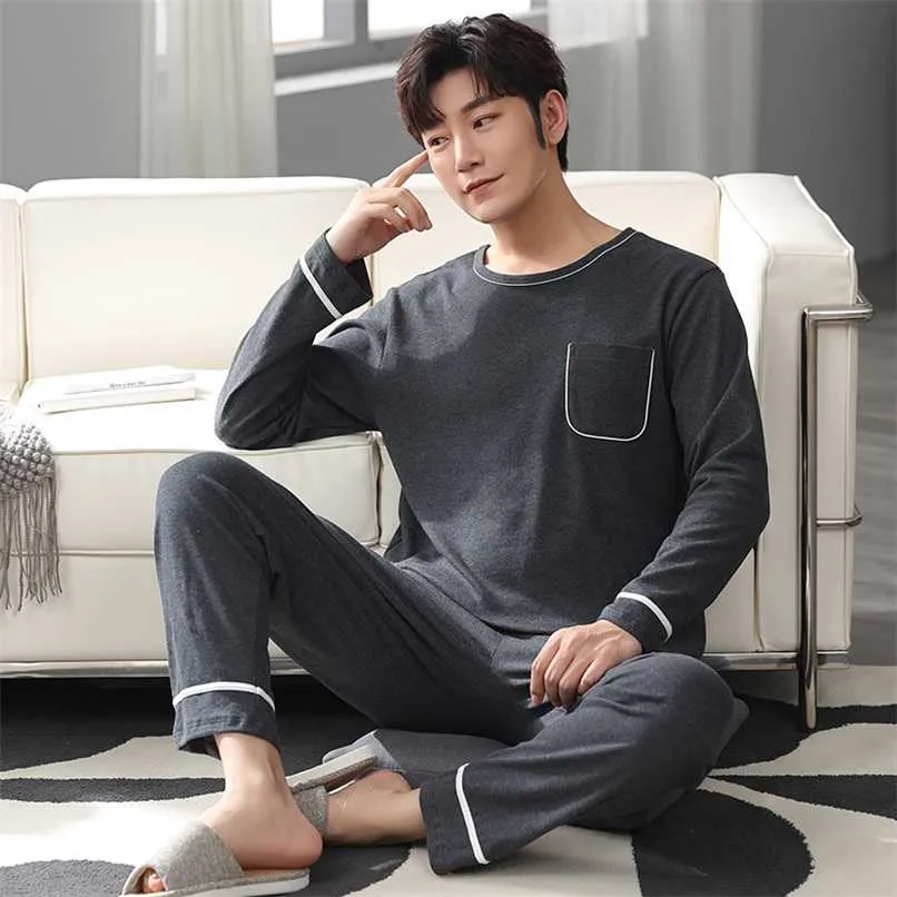 Spring Men Pajamas long Sleeve Male Pajama Set Men Pure Full Cotton Pajamas For Men Sleepwear Suit homewear 4XL 211110