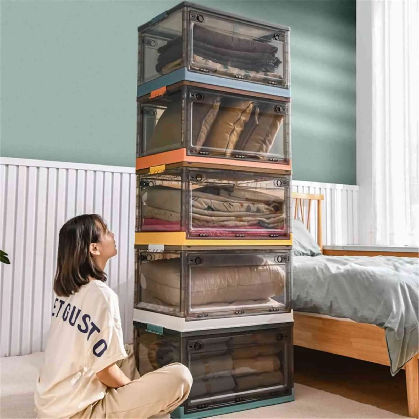 60l Movable Stackable Storage Box Shoe Clothes Organizer Abs Closets Containers Cabinet for Home Office under Desk/bed