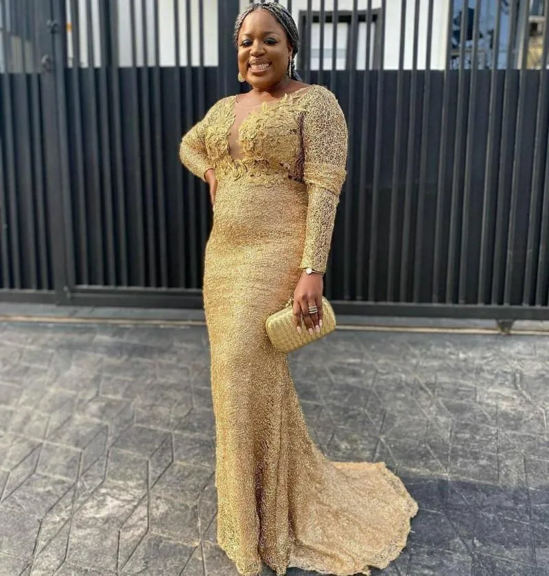 Arabic African Gold Lace Gold Sparkly Prom Dress For Plus Size