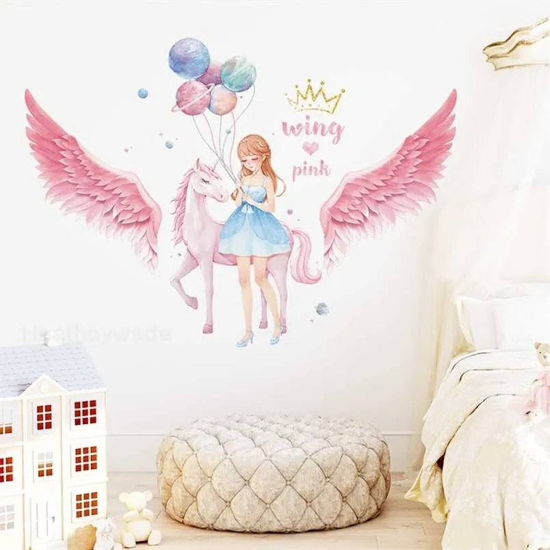 Pretty Unicorn Girl Wall Stickers for Girls Bedroom Kids room Decor Planet Balloon Wings Decals for Children Rooms Decoration 211124