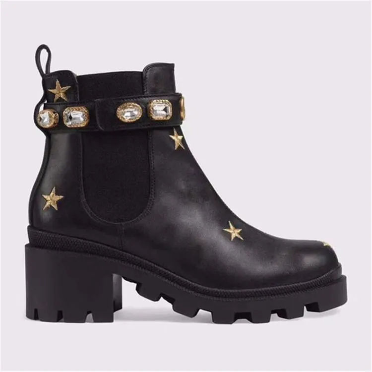 Designers Women Boots Embroidery Leather Shoes Heel Height 6CM Lace Up Martin Boot with Removable Anklestrap Bee Star Flamingos Love Arrow Shoe Size 35-40