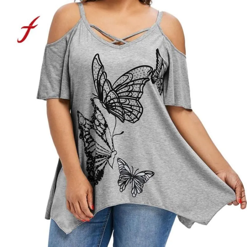 Women's T-Shirt European Style Women Plus Size Summer Large Butterfly Printing Big Yards Short Sleeve Tops 60