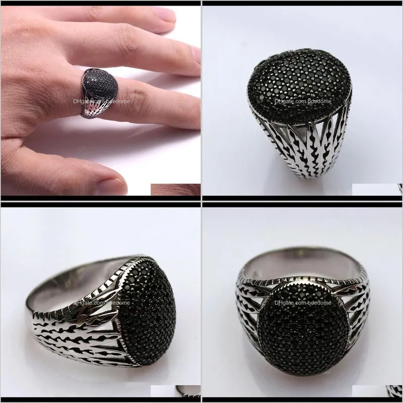 925 Sterling Silver Hollow Design Multi Black CZ Stones Inlaid Cocktail Rings For Men Oval Shape Turkey Jewelry