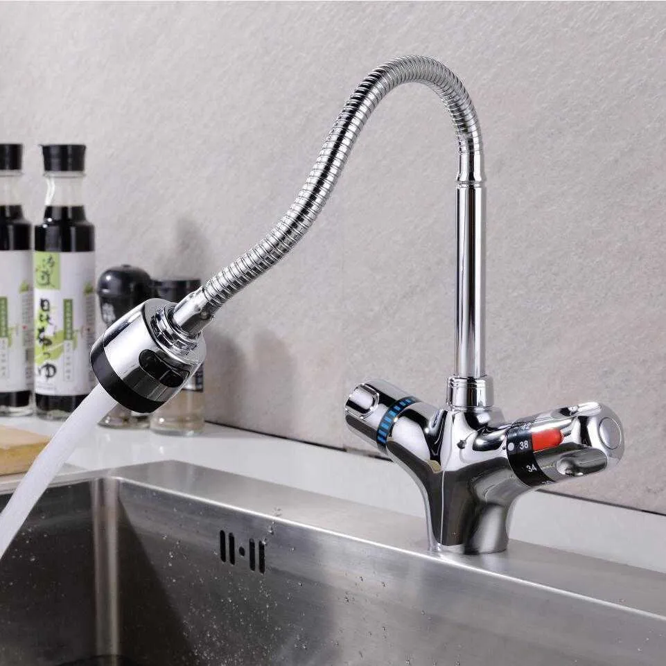 Grifo Mezclador De Cocina Con Acabado Cromado De Laton Macizo Grifo Termostatico De Cocina Y Frio Grifo Mezclador De Temperatura Constante Para Lavabo 211108 De 48 17 DHgate