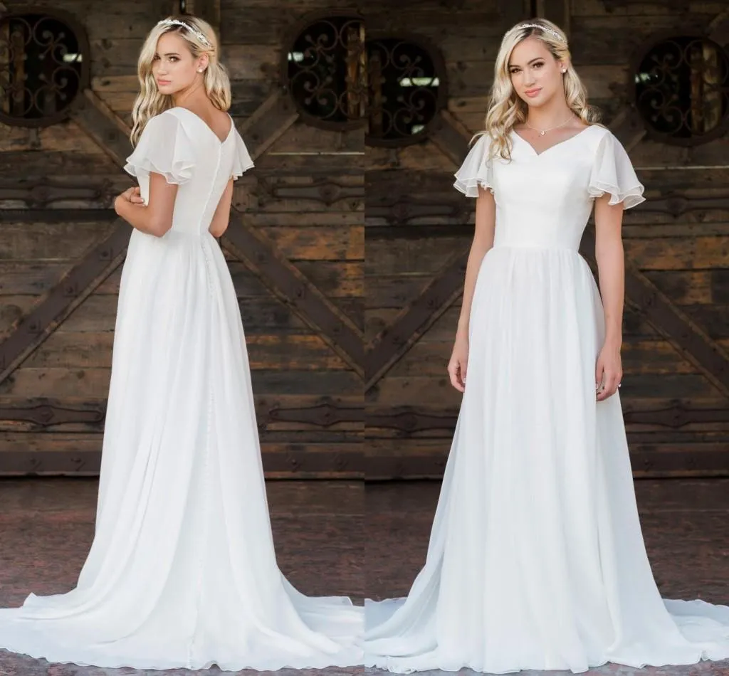 a line wedding dress with flutter sleeves V-back Wedding Dress with Flutter Sleeves