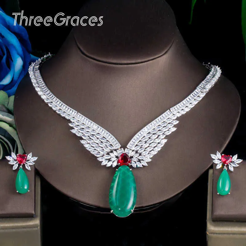 ThreeGraces Trendy Green CZ Zircon Stone Bridal Wedding Necklace Earrings Jewelry Sets for Women pendientes mujer moda JS640 H1022